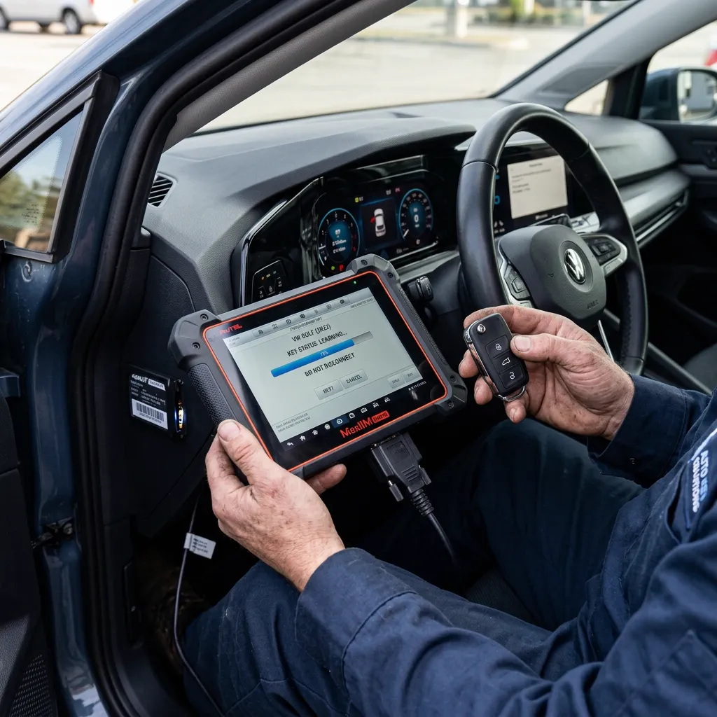 Locksmith programming a modern car key via OBD-II tablet