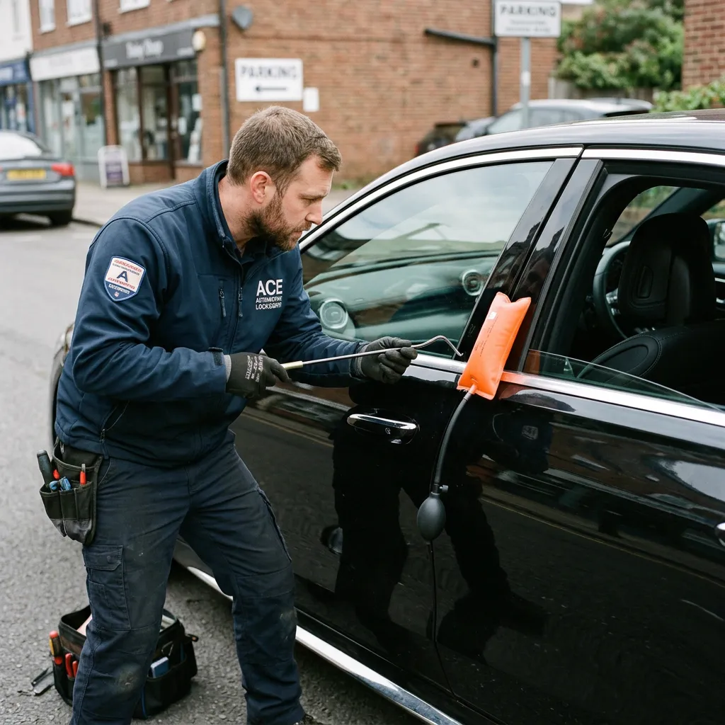 Automotive locksmith carefully using a long reach tool and air wedge to unlock a car door