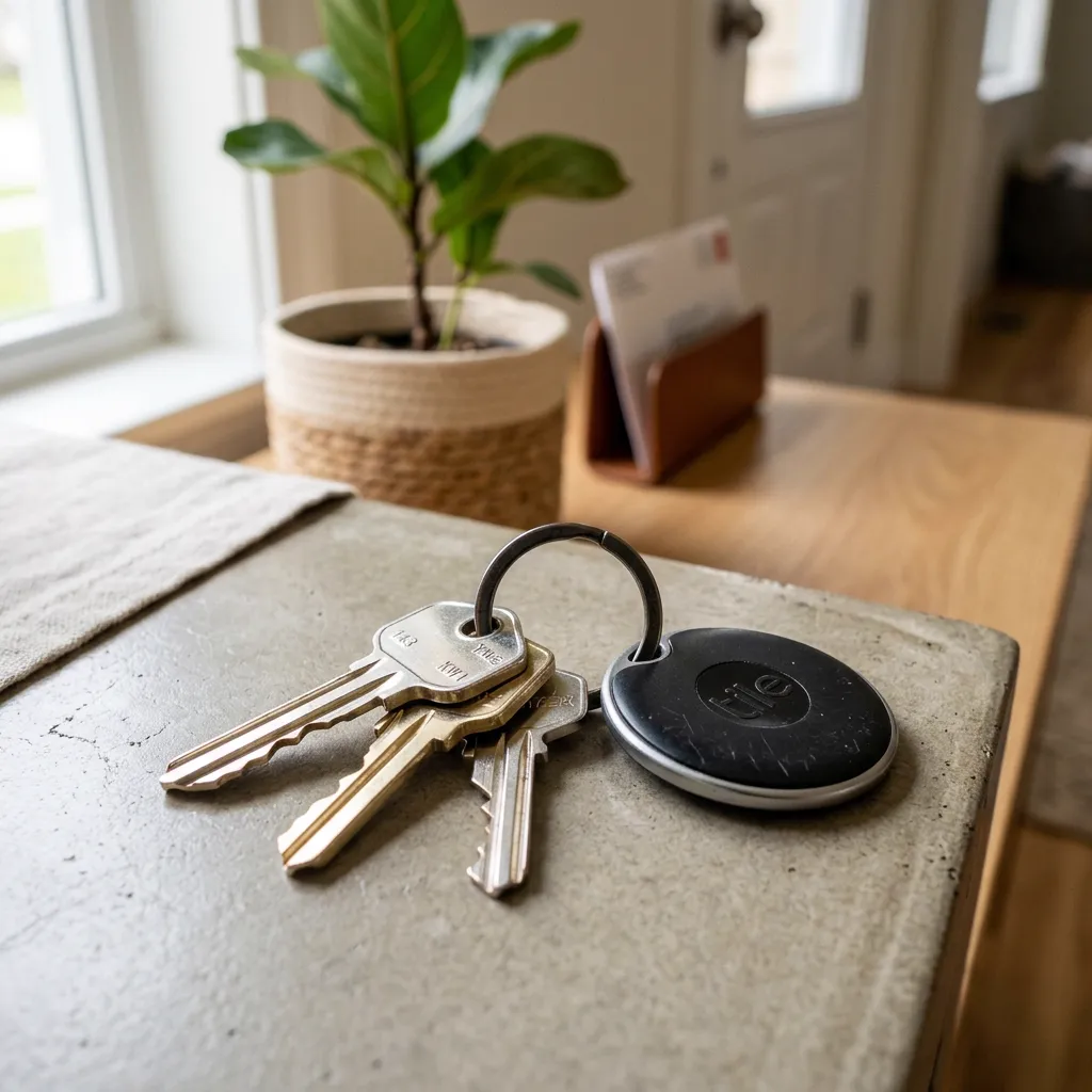 Keys attached to a smart tracker on an entryway table