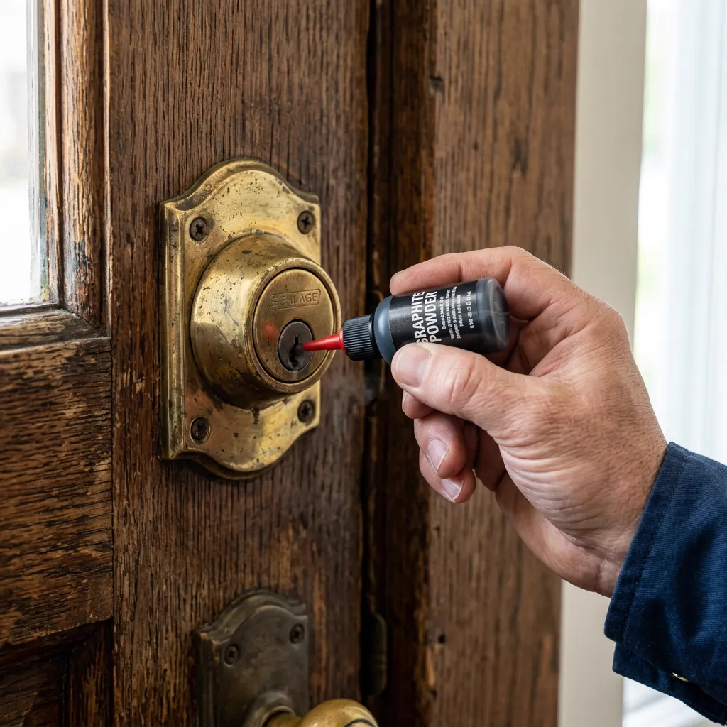 Locksmith applying dry graphite powder into a brass deadbolt