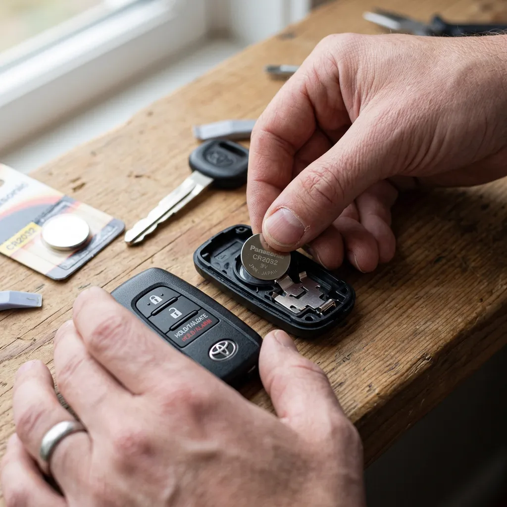 Close up of hands replacing a coin battery in a modern Toyota Smart Key